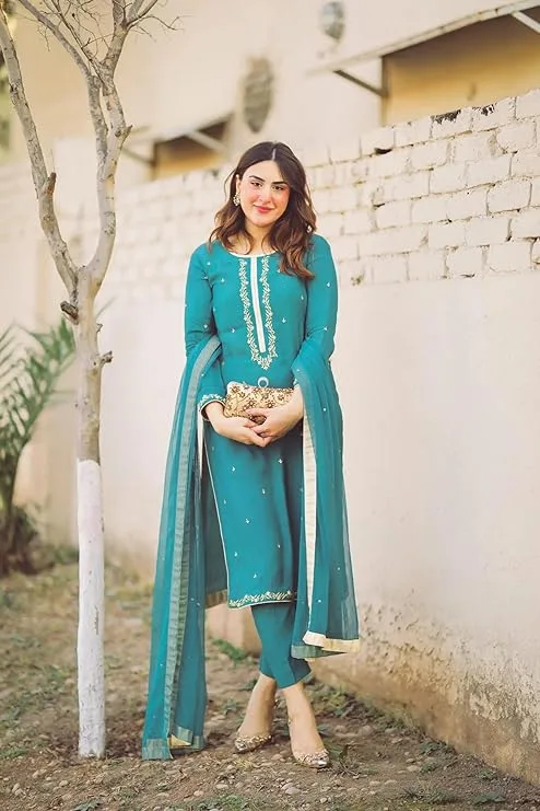 Cotton Blend Straight Embroidered Kurta with Pant