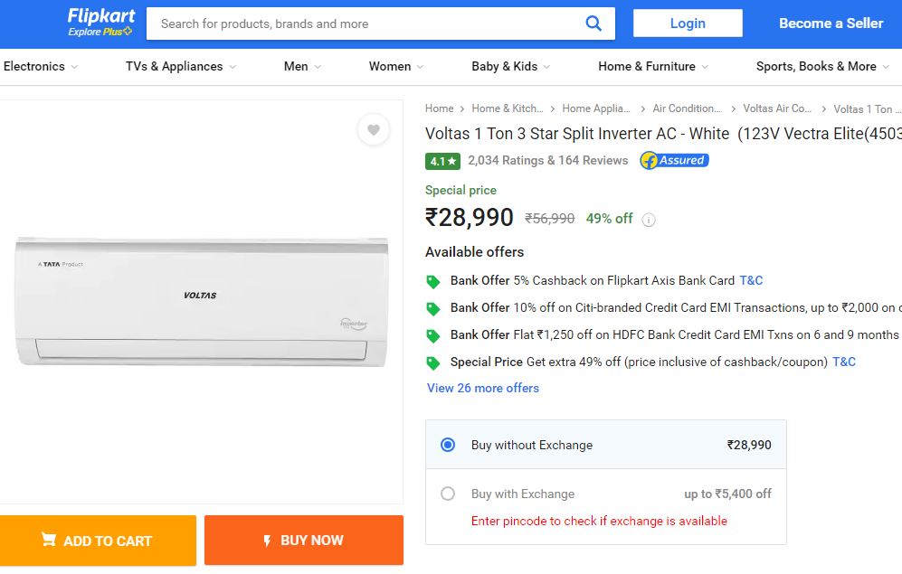 Voltas के 3 स्टार स्प्लिट एसी को 28,000 रुपये की छुट के साथ खरीदने का मौका