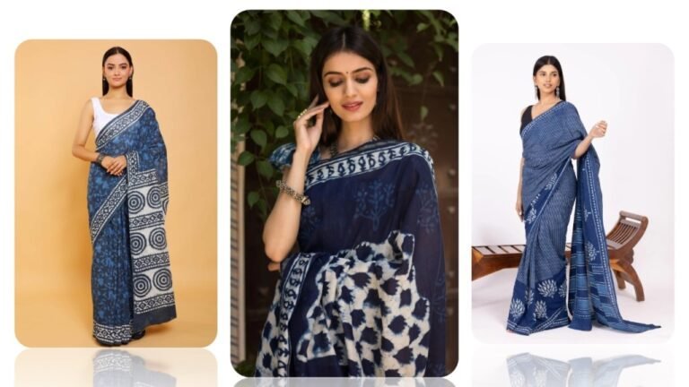 Indigo Print Saree : इंडिगो प्रिंट साड़ी को स्लीवलेस ब्लाउज के साथ पहने, आपको मिलेगा बेहद आकर्षक लुक
