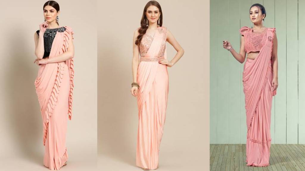 Ready to Wear Saree Collection 1 : पीच कलर की ये रेडी टू वियर साड़ी करे ट्राई, आपको देंगी ग्लैम लुक