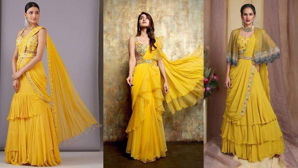शादी के फंक्शन में पहनें के लिए बेस्ट है ये Yellow Lehenga Saree, देखें डिजाइन