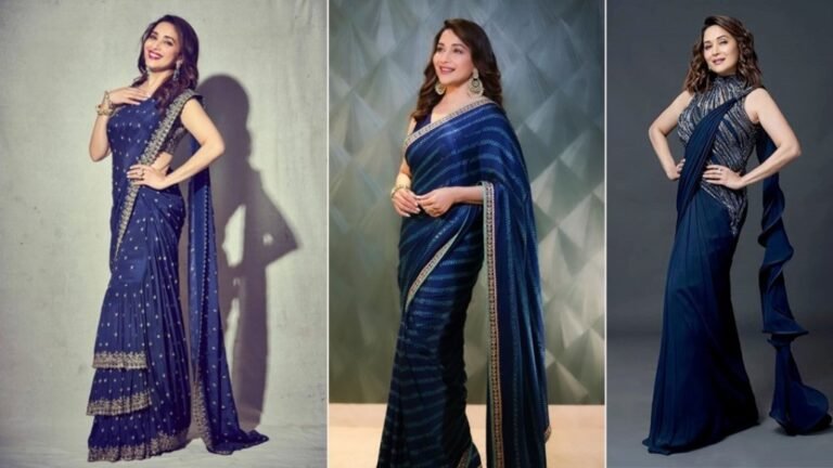 Madhuri Dixit in Blue Saree : बॉलीवुड की धक-धक गर्ल ब्लू साड़ी में लगती है बेहद गॉर्जियस, देखें उनका शानदार लुक