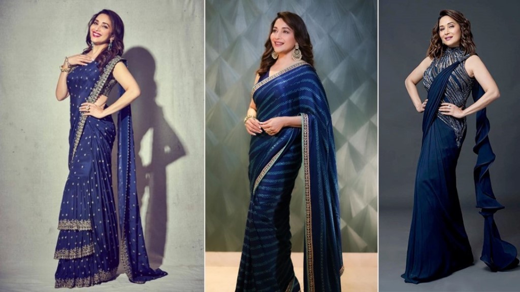 Madhuri Dixit in Blue Saree : बॉलीवुड की धक-धक गर्ल ब्लू साड़ी में लगती है बेहद गॉर्जियस, देखें उनका शानदार लुक