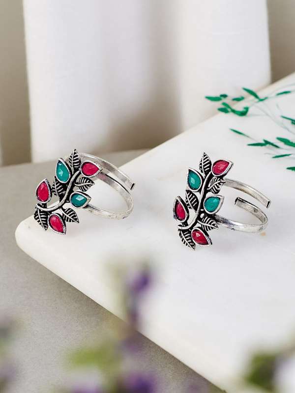 Pink & Silver Toned Oxidised Toe Rings