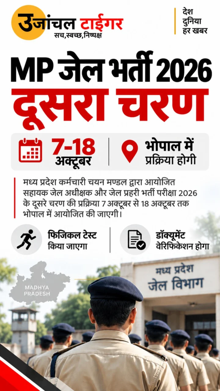 MP Jail Bharti 2026 : द्वितीय चरण 7 अक्टूबर से भोपाल में, सफल अभ्यर्थियों का फिजिकल व दस्तावेज सत्यापन होगा