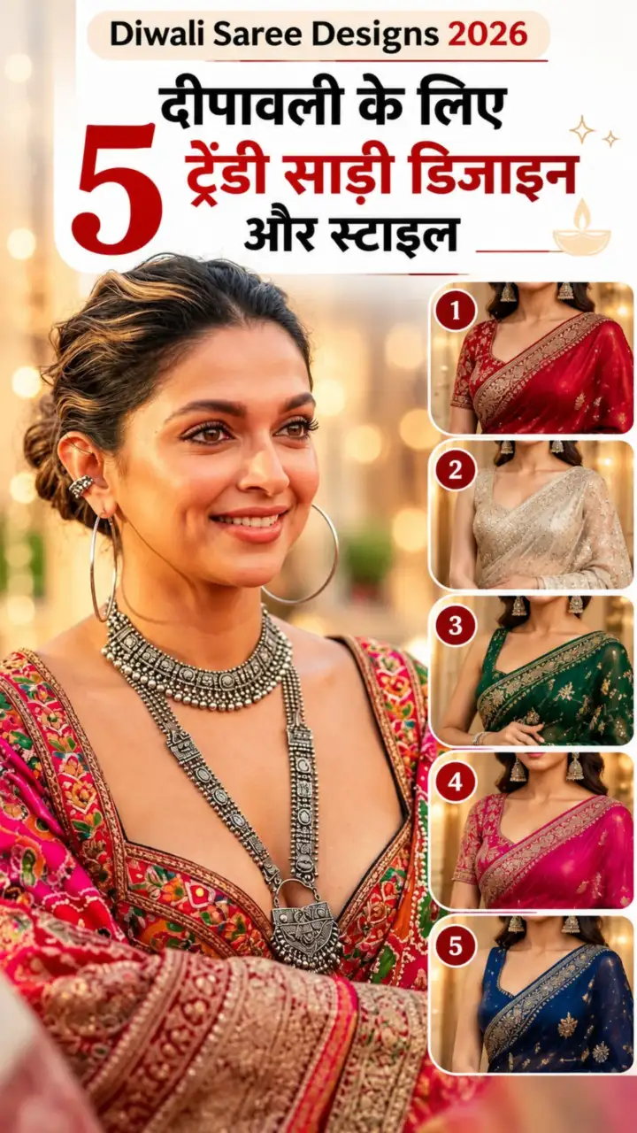 Diwali Saree Designs 2026 : दीपावली के लिए 5 ट्रेंडी साड़ी डिजाइन और स्टाइल